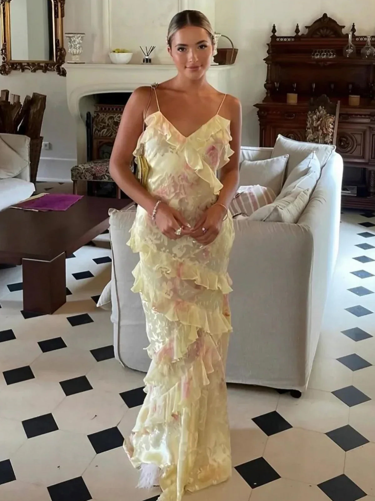 Zaylee | Vestido largo de sirena amarillo con tirantes finos y volantes para baile de graduación