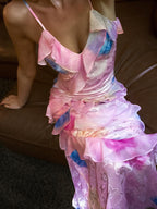 Zaylee | Vestido largo de sirena amarillo con tirantes finos y volantes para baile de graduación