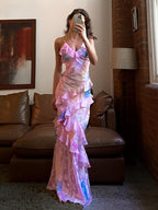 Zaylee | Vestido largo de sirena amarillo con tirantes finos y volantes para baile de graduación