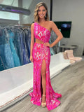 Zayna | Vestido largo de fiesta de sirena con un solo hombro, escote de ojo de cerradura, lentejuelas y encaje con abertura