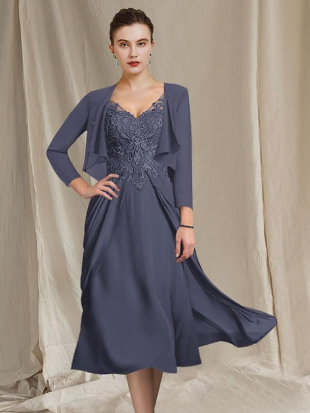 Vestidos de corte princesa/línea A con escote en V y largo midi para la madre de la novia 