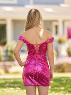 Sheath Fuchsia Off the Shoulder Sequin Short Homecoming Dress